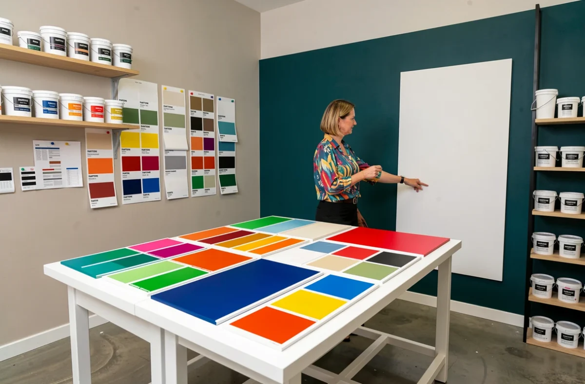 Atelier Abysse Color avec éventails de couleurs Pantone et consultante présentant une proposition colorée sur un mur