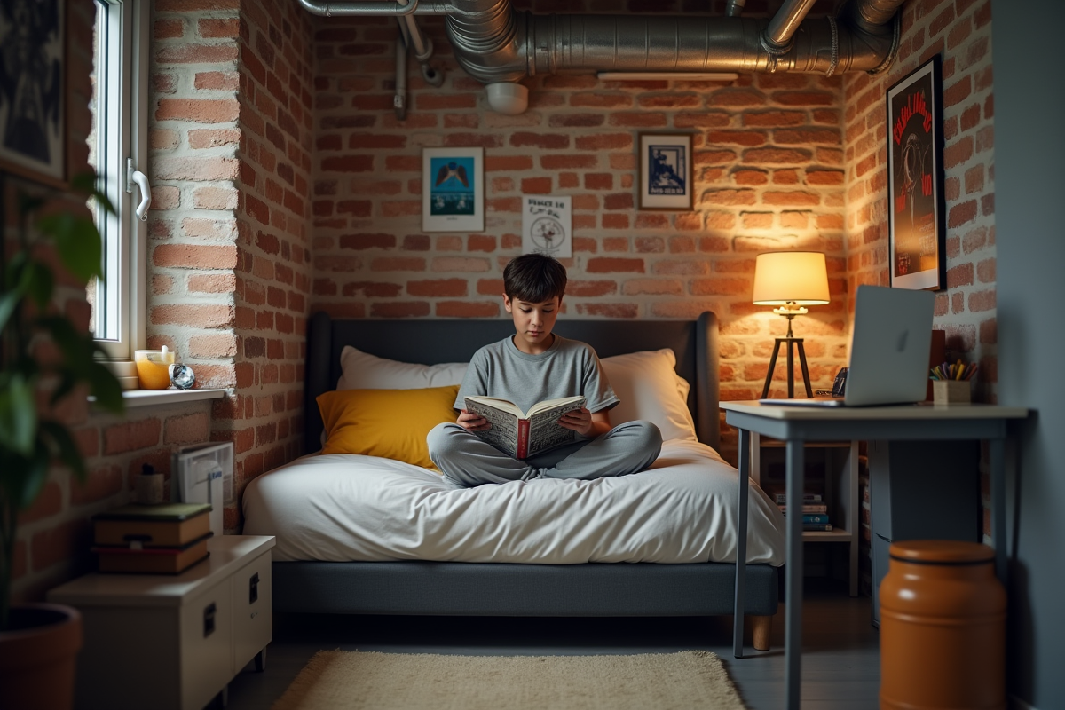 Adolescent lisant un roman graphique dans une chambre sous-sol