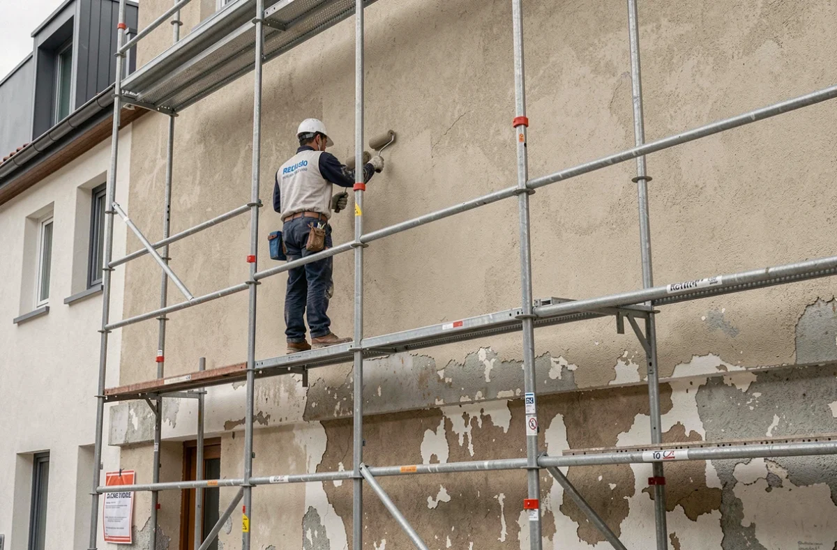 Équipe Alpibat sur échafaudage rénovant la façade d'un immeuble résidentiel à Grenoble