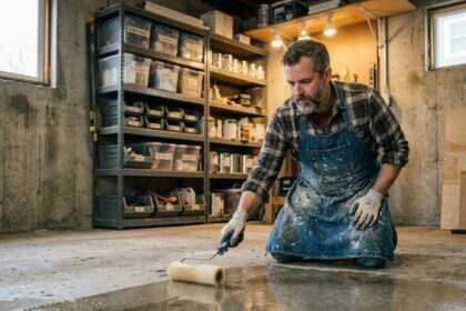 Bricoleur appliquant de la résine polyuréthane sur un sol en béton dans un atelier domestique organisé