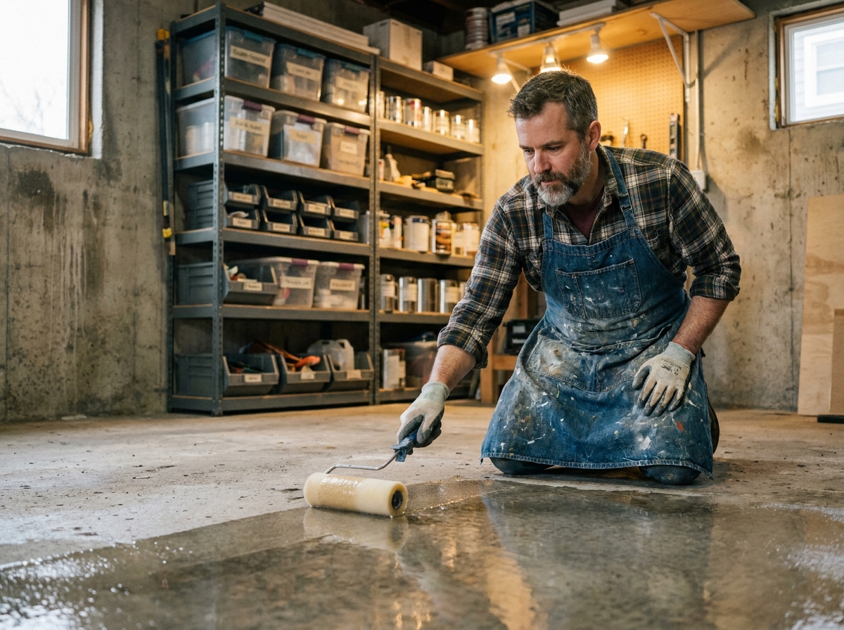 Bricoleur appliquant de la résine polyuréthane sur un sol en béton dans un atelier domestique organisé