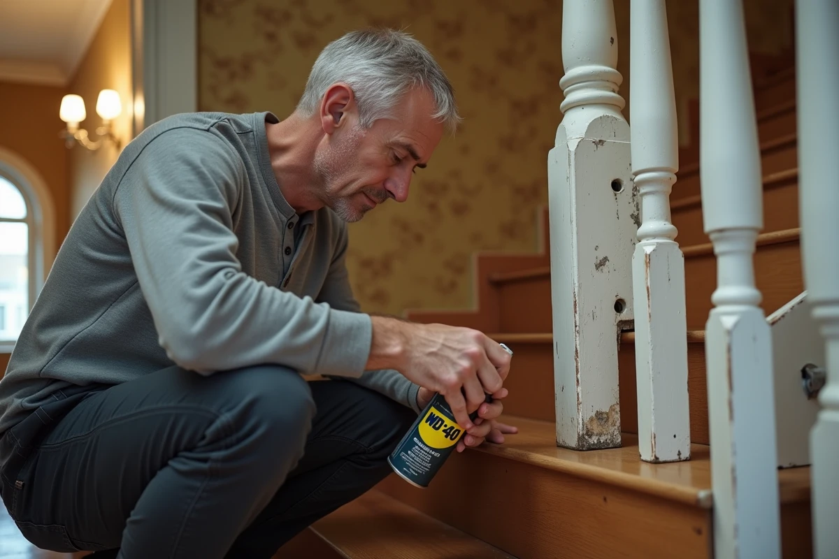 Homme appliquant du WD-40 sur les grincements d'un escalier en bois à domicile