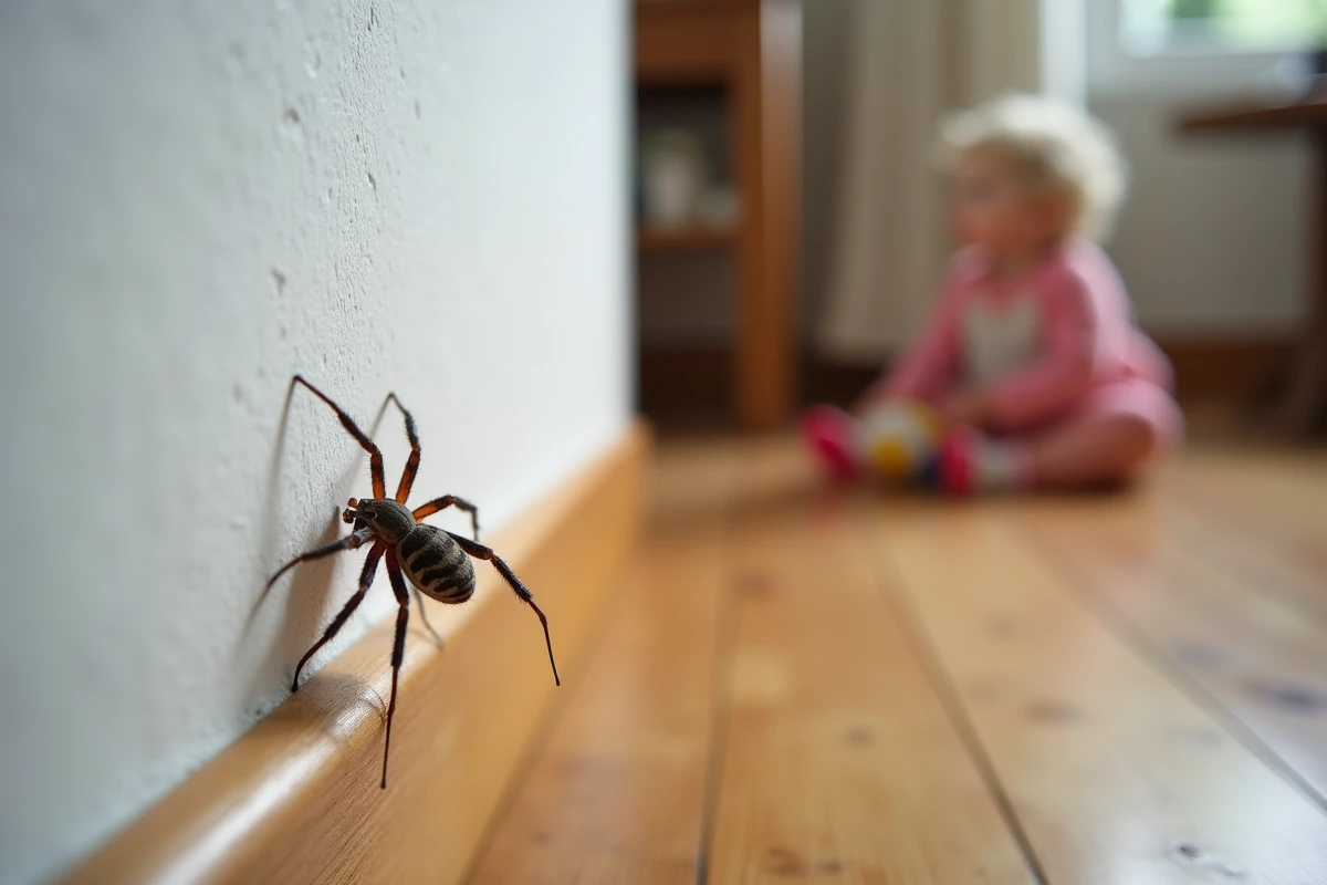 Araignée maison tegenaria dans un coin de mur chez une famille française avec jouet d'enfant en arrière-plan flou