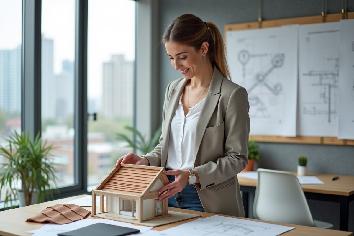 Jeune architecte étudie des échantillons de toiture