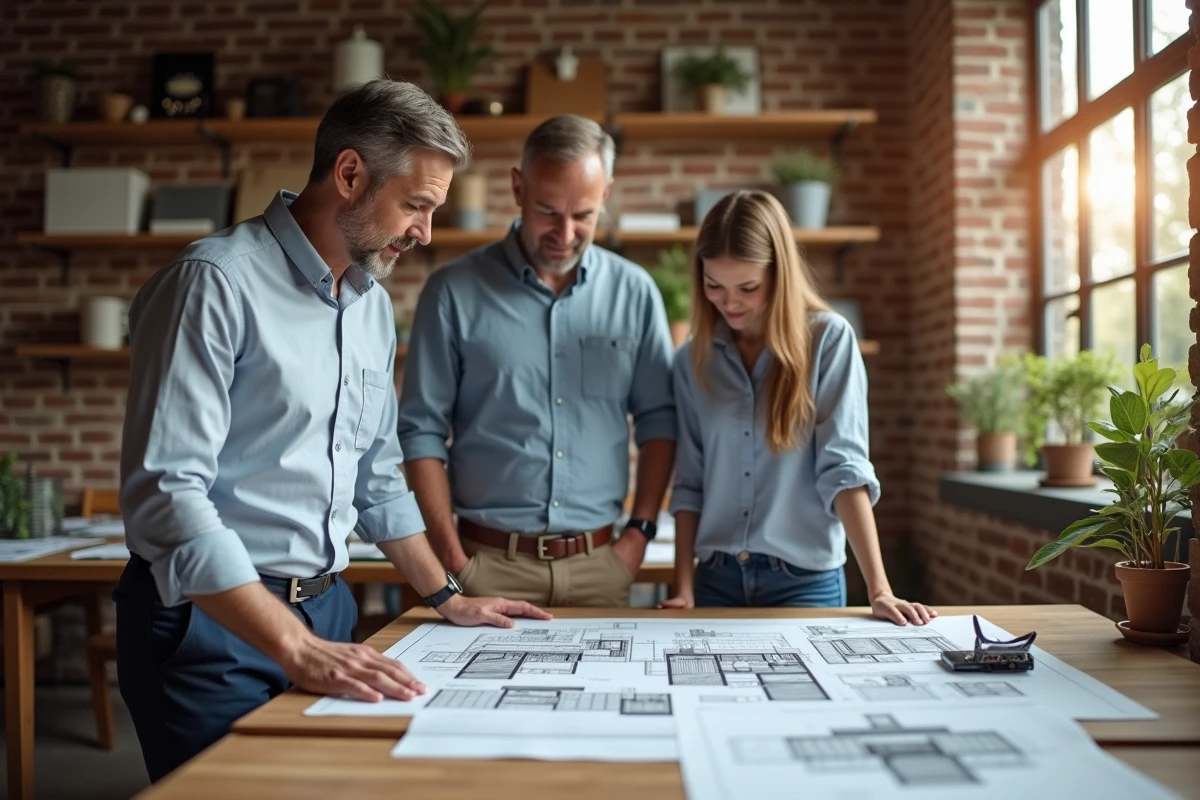 Architecte montrant des rendus de cuisine à un couple dans un bureau lumineux