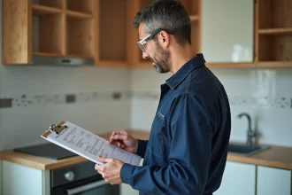 Artisan professionnel examinant un devis de travaux dans une cuisine en rénovation