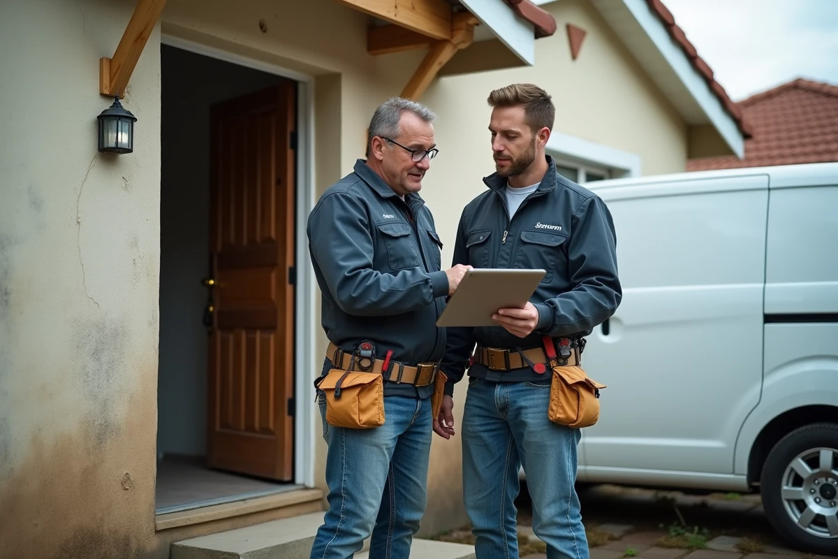 Deux artisans discutant d'un devis de rénovation devant une maison à rénover