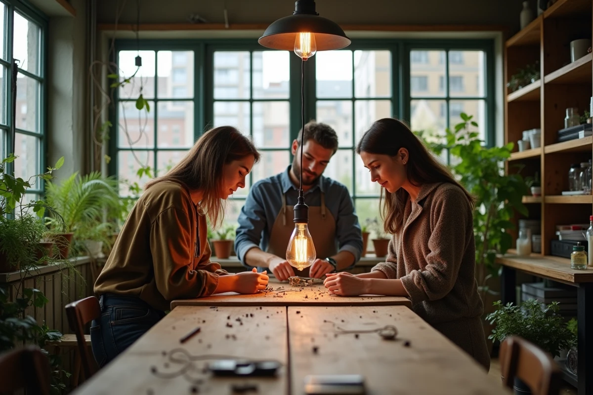 Groupe de trois personnes créant une lampe avec des matériaux recyclés