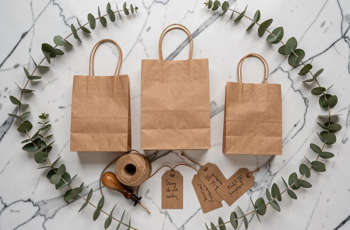 Assortiment de pochettes cadeaux en papier kraft de différentes tailles disposées en flat lay avec de l'eucalyptus et de la ficelle naturelle
