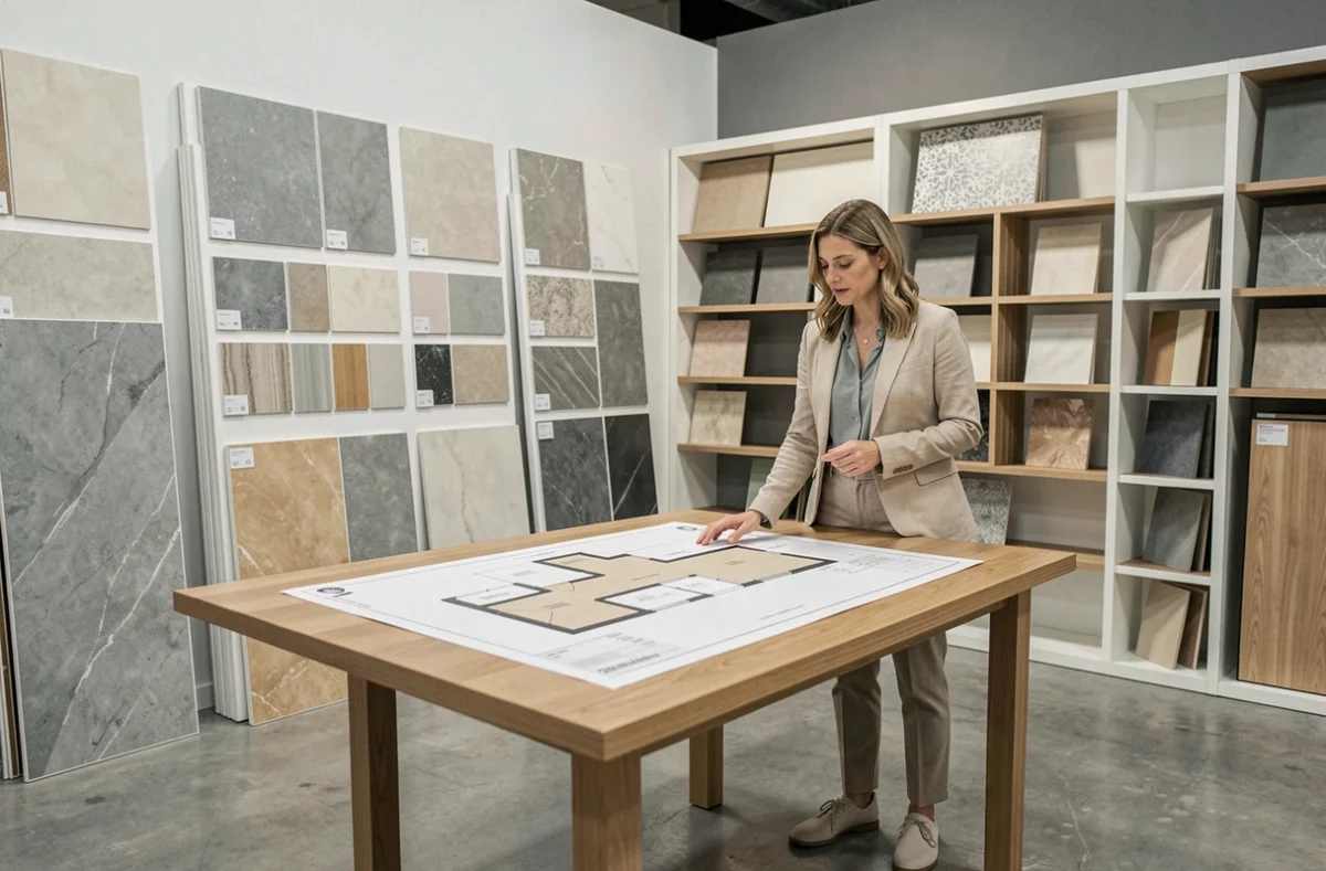 Conseillère en agencement et travaux présentant des échantillons de carrelage dans un showroom à Lille