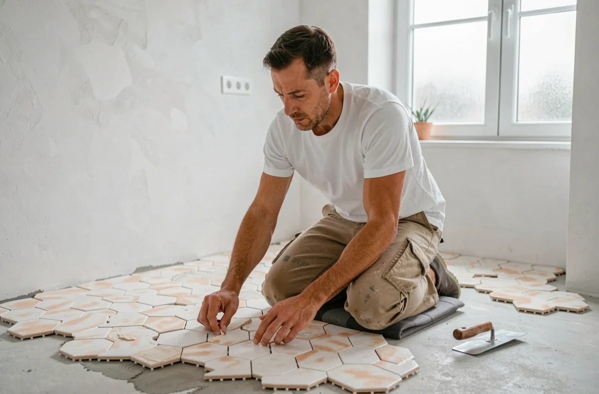 Artisan carreleur posant des mosaïques hexagonales dans un appartement moderne à Calais