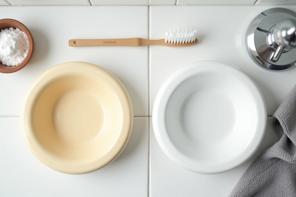 Comparaison avant-après d'un porte-savon en plastique jauni et blanchi au bicarbonate de soude