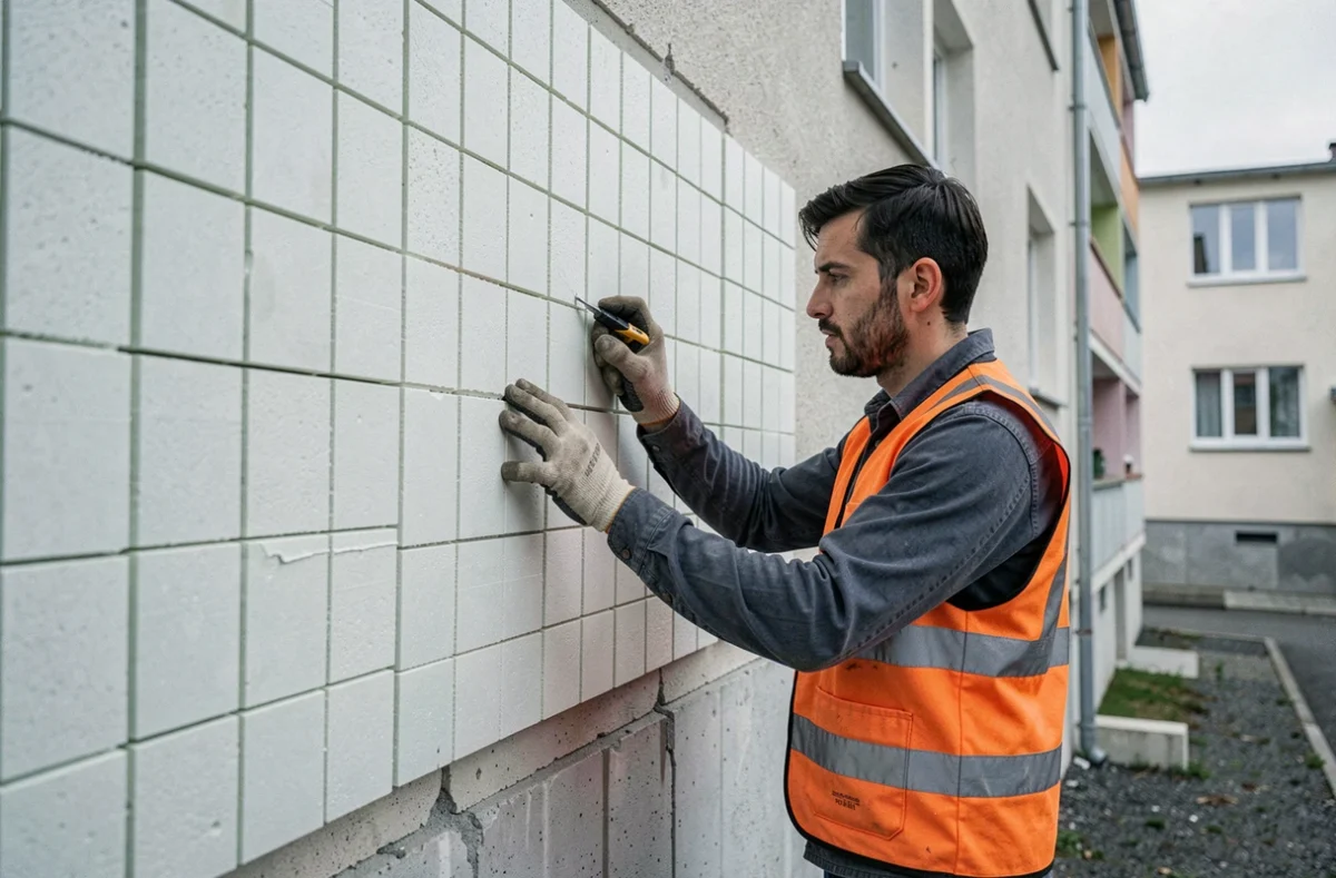 Artisan Ayrikan posant des panneaux d'isolation thermique sur la façade d'un immeuble en Isère