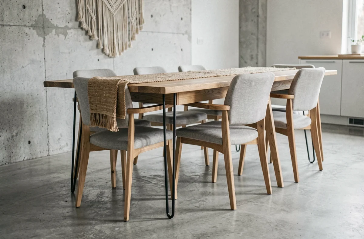 Sol béton brut dans une salle à manger scandinave avec table en chêne massif, chaises tapissées et tapis en jute pour réchauffer l'ambiance