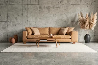 Sol en béton brut poli dans un salon moderne réchauffé par un tapis en laine, des céramiques en terre cuite et des herbes de pampa séchées
