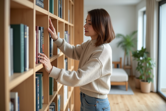 Femme arrangeant des livres sur une étagère en bois dans un appartement moderne