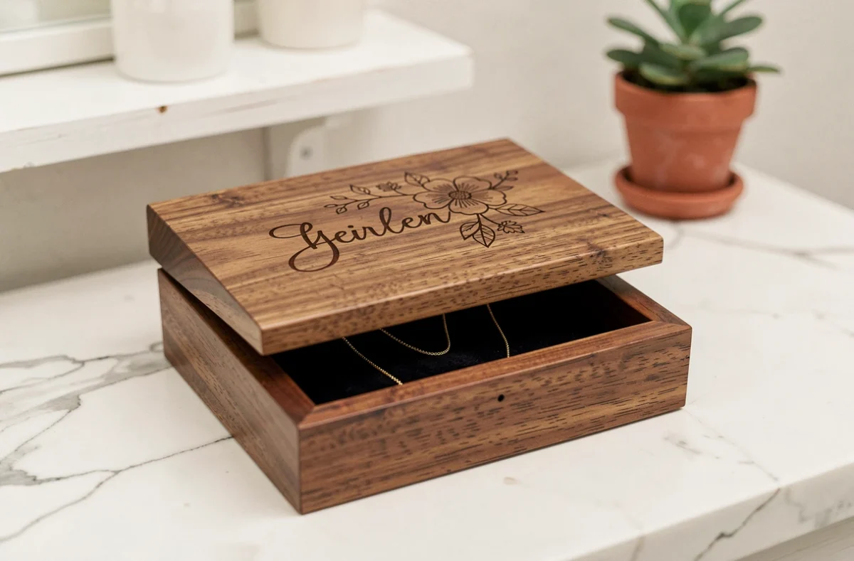 Boîte à bijoux en bois personnalisée avec gravure florale et prénom en lettres cursives posée sur marbre blanc