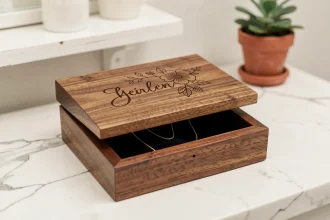 Boîte à bijoux en bois personnalisée avec gravure florale et prénom en lettres cursives posée sur marbre blanc