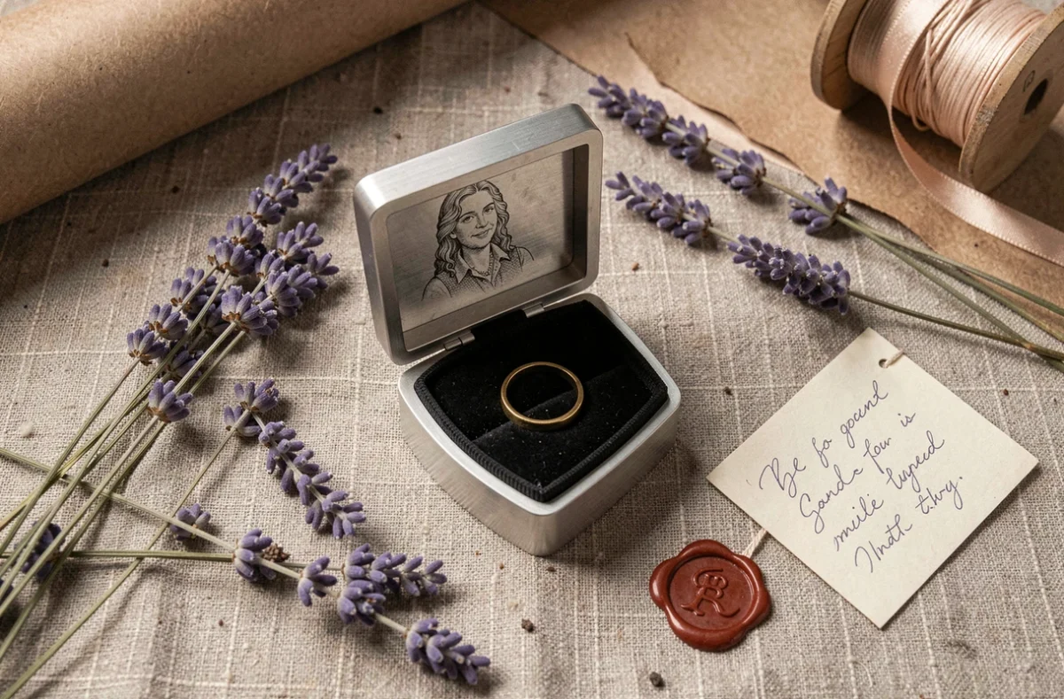 Vue à plat d'une boîte à bijoux avec couvercle gravé d'une photo sur métal brossé entourée de lavande et d'accessoires de cadeau