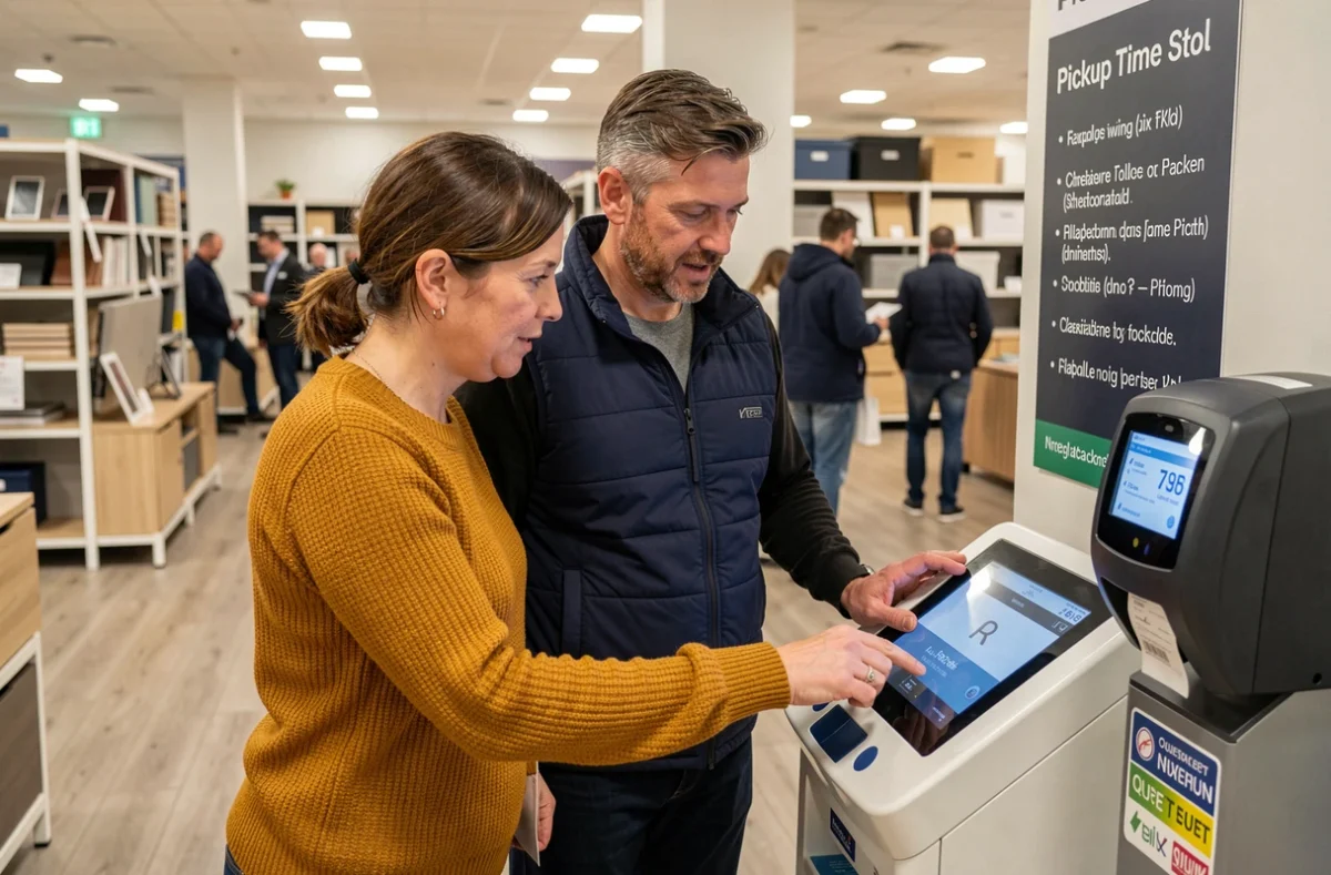 Couple utilisant une borne interactive pour enregistrer un créneau de retrait de commande en magasin Alinea