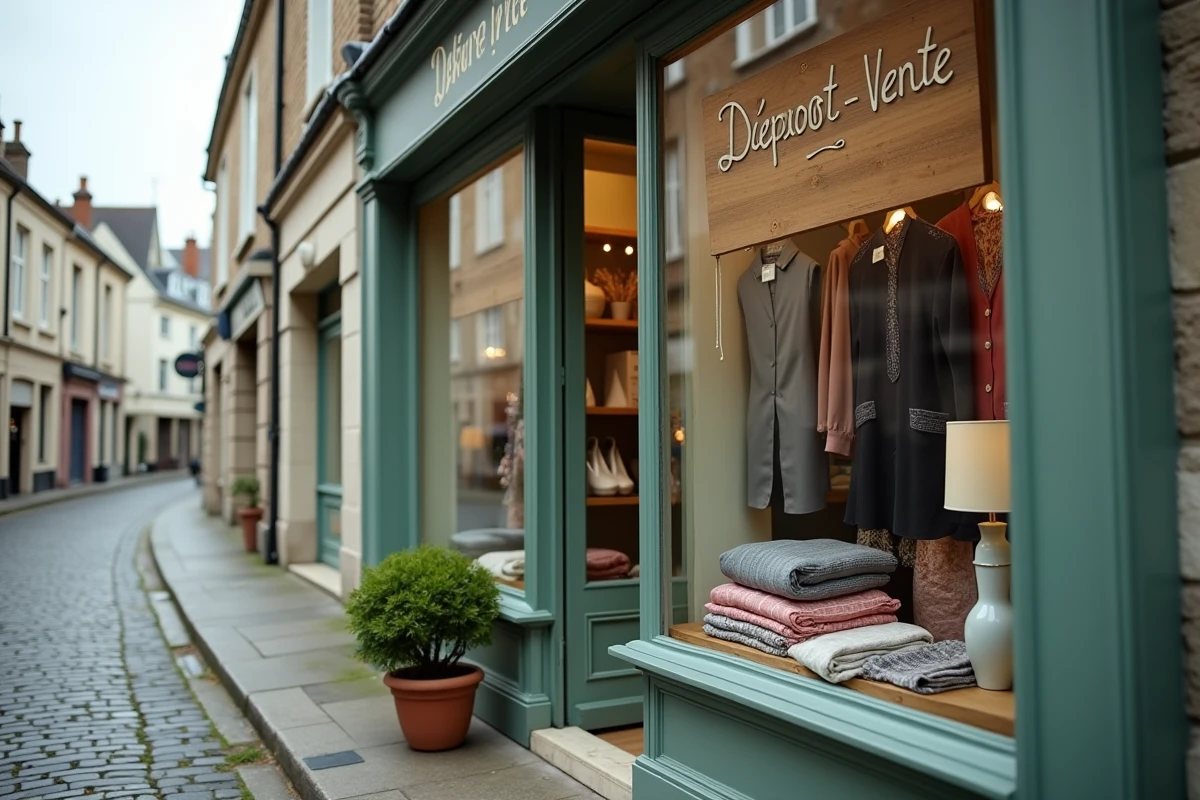 Devanture d'une boutique dépôt-vente dans une rue pavée du centre-ville de Caen