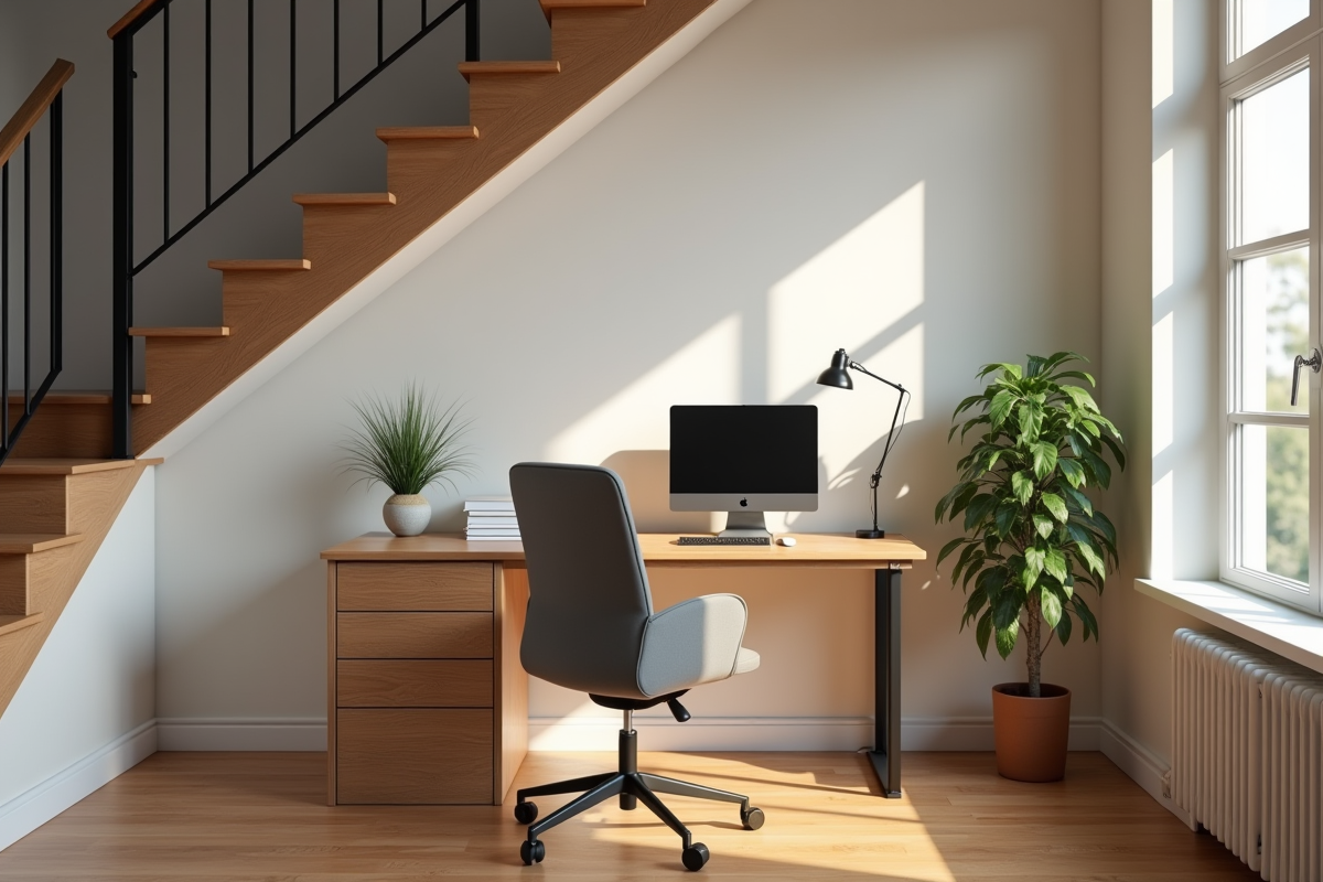 Bureau à domicile compact sous un escalier ouvert