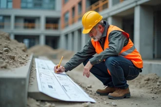 Ingénieur en bâtiment mesurant la pente d'une rampe d'accès en béton sur un chantier de construction