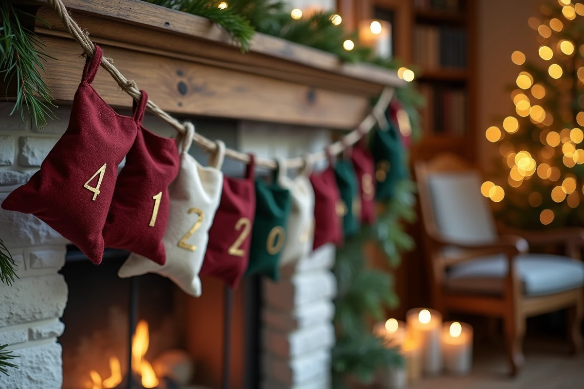 Calendrier de l'avent fait main avec 24 pochettes en tissu numérotées suspendues sur une guirlande de ficelle décorée de branches de bouleau au-dessus d'une cheminée