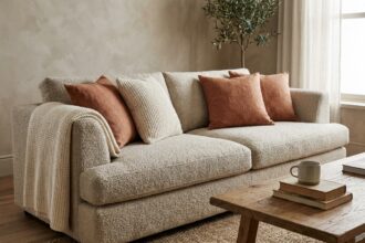 Canapé en tissu bouclé beige avec coussins en lin terracotta et laine chunky dans un salon scandinave chaleureux