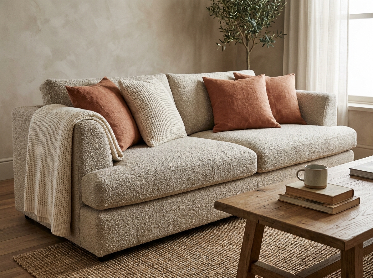 Canapé en tissu bouclé beige avec coussins en lin terracotta et laine chunky dans un salon scandinave chaleureux