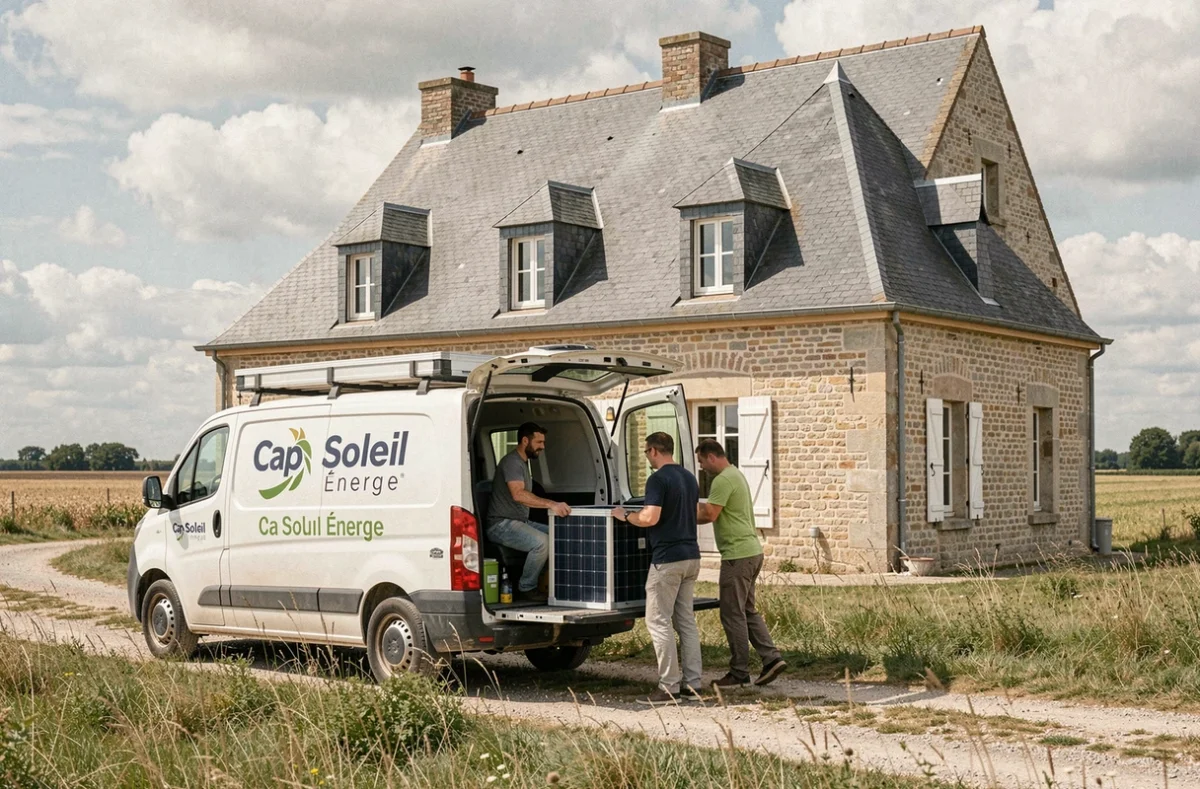 Équipe Cap Soleil Énergie livrant des panneaux solaires dans une ferme en pierre de l'Oise