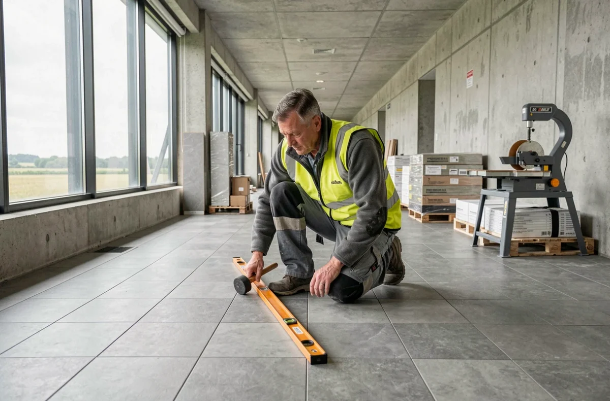 Poseur de carrelage spécialisé installant des dalles antidérapantes dans un couloir institutionnel dans le Pas-de-Calais