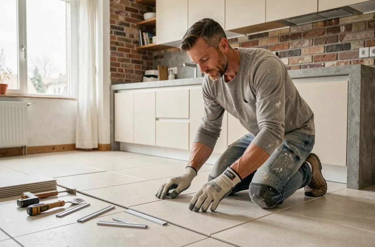 Carreleur professionnel posant du carrelage dans une cuisine moderne dans les Hauts-de-France