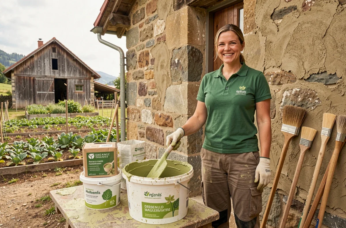 Artisane Casa Bio mélangeant un enduit chaux naturel devant la façade restaurée d'une ferme traditionnelle en Isère