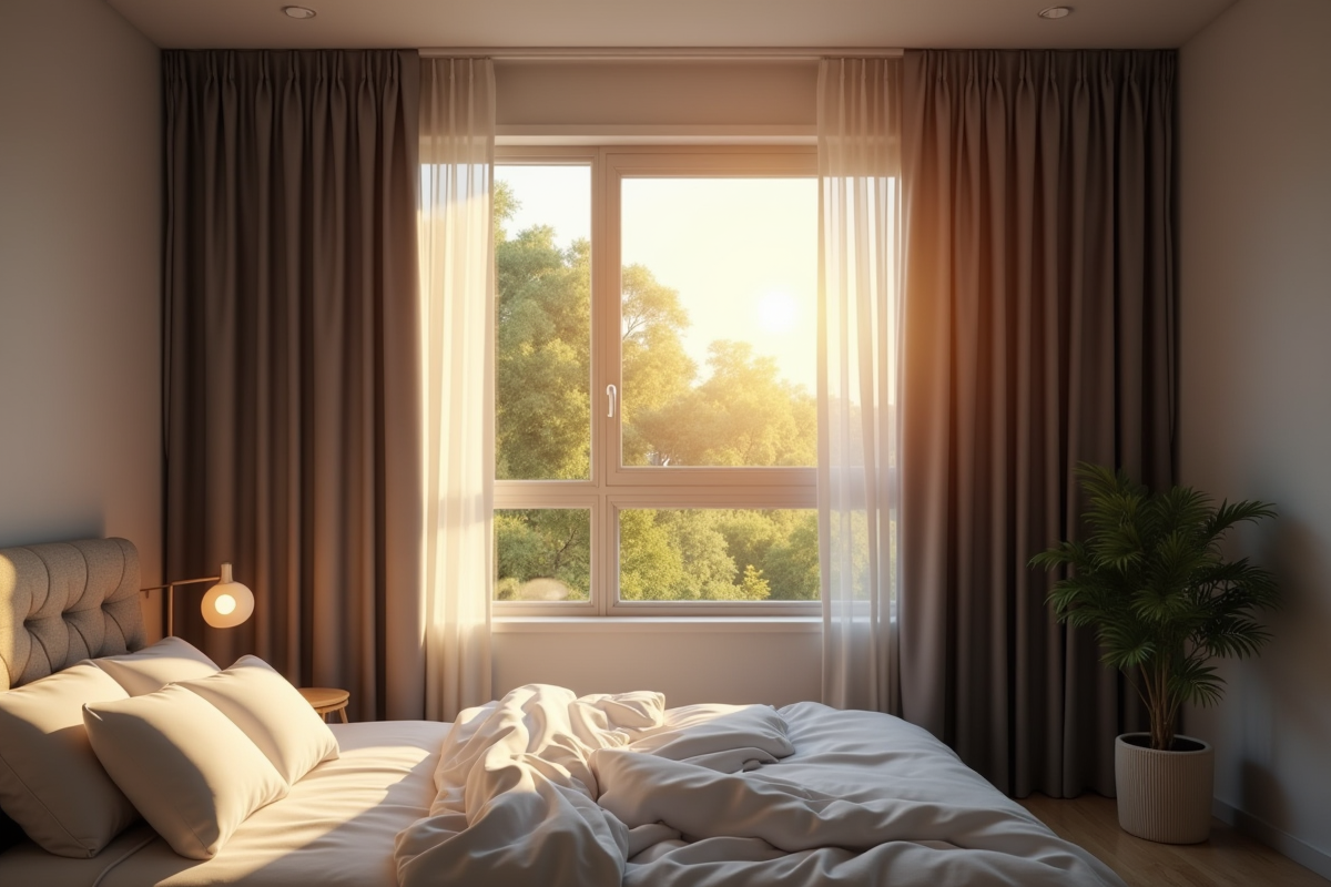 Chambre lumineuse en été avec rideaux occultants et thermometre