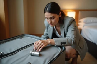 Femme changeant le code d'un cadenas 3 chiffres sur une valise dans une chambre d'hôtel