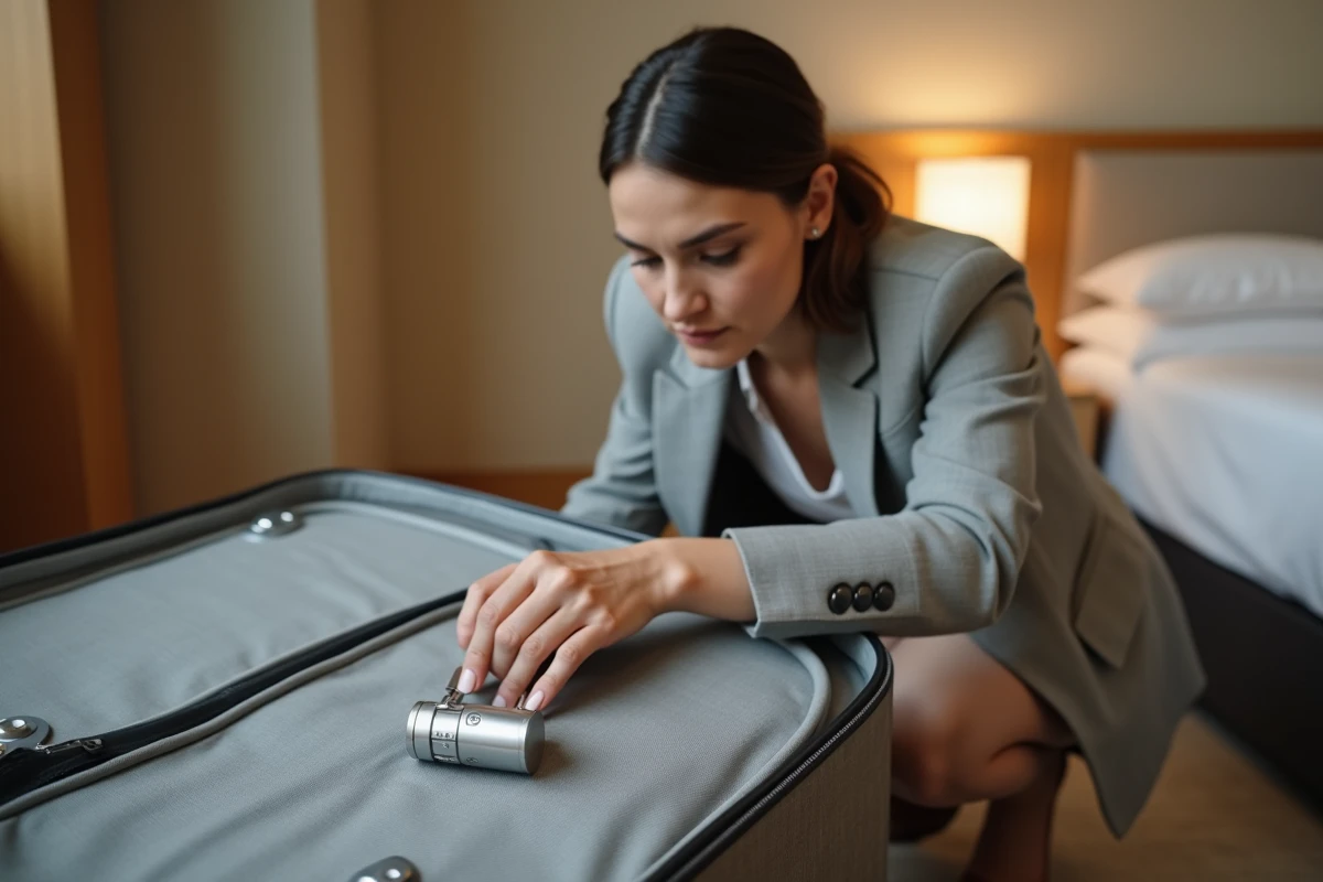 Femme changeant le code d'un cadenas 3 chiffres sur une valise dans une chambre d'hôtel
