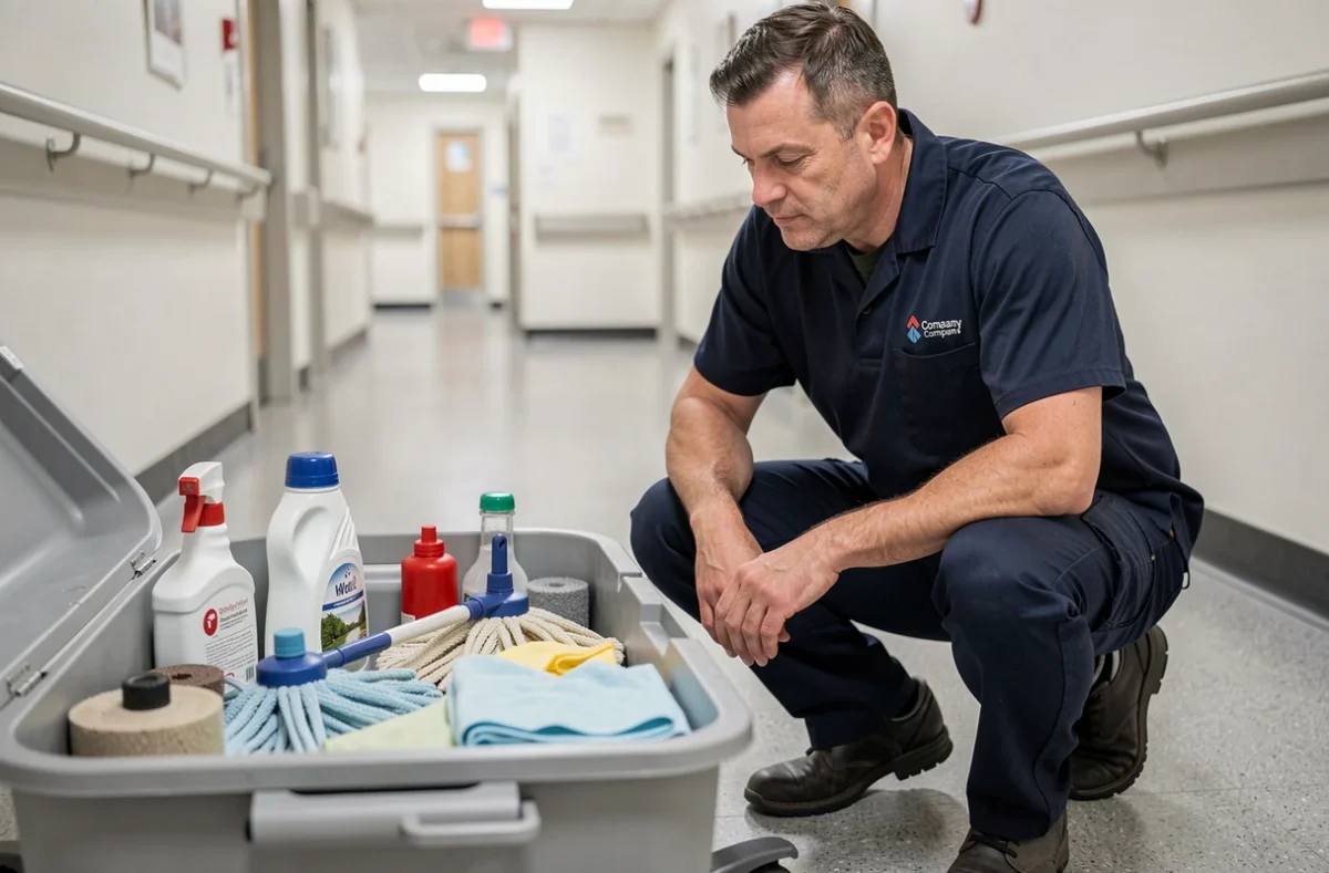 Agent d'entretien organisant les produits dans un chariot de nettoyage hospitalier dans un couloir médical
