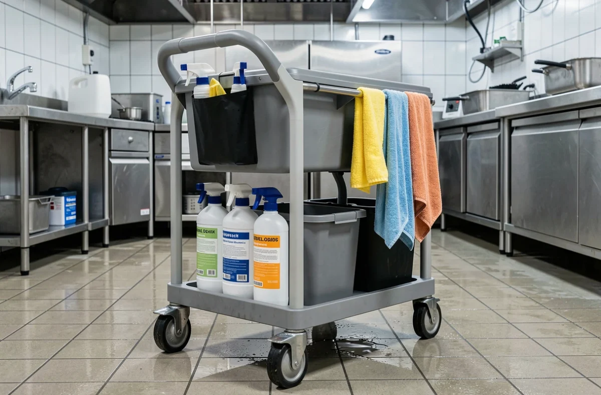 Gros plan d'un chariot de femme de ménage professionnel équipé avec seau, balai-éponge et produits dans une cuisine industrielle