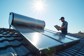 Chauffe-eau solaire moderne sur un toit avec technicien
