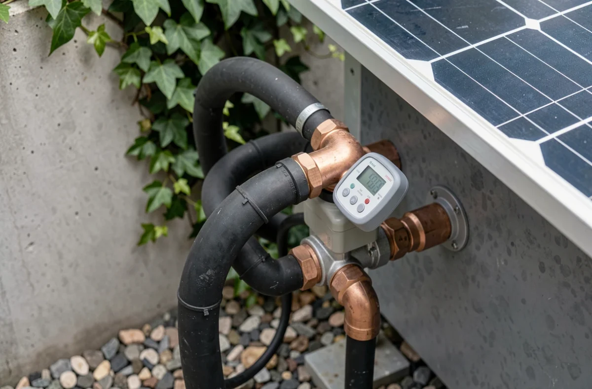 Détail du circuit de connexion entre un panneau solaire et le système de filtration d'une piscine