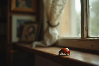 Coccinelle posée sur le rebord d'une fenêtre intérieure, devant des photos de famille floues en arrière-plan, symbolisant un signe de la part d'un défunt