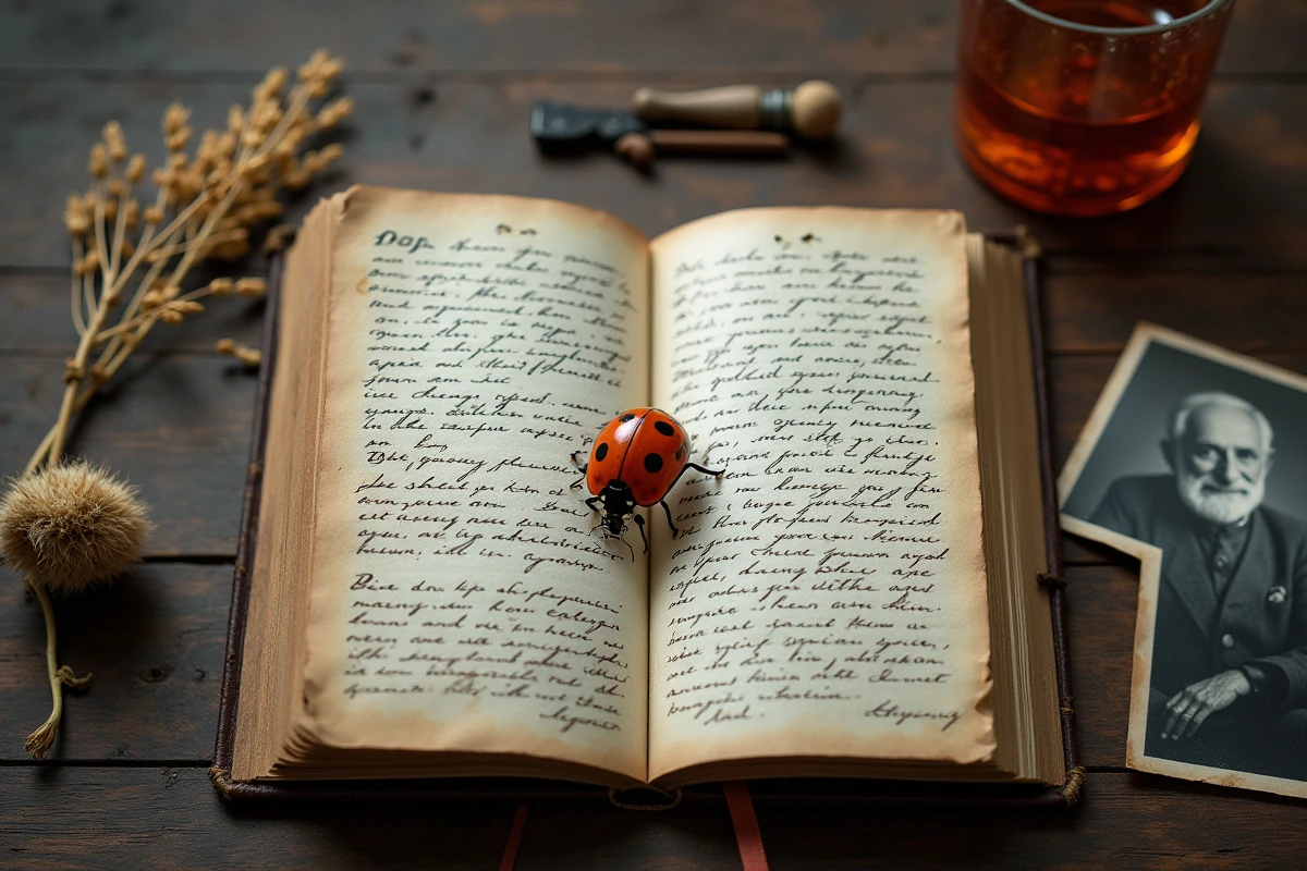 Coccinelle sur un journal ouvert avec une vieille photo en noir et blanc et une fleur séchée, symbolisant un message spirituel d'un défunt