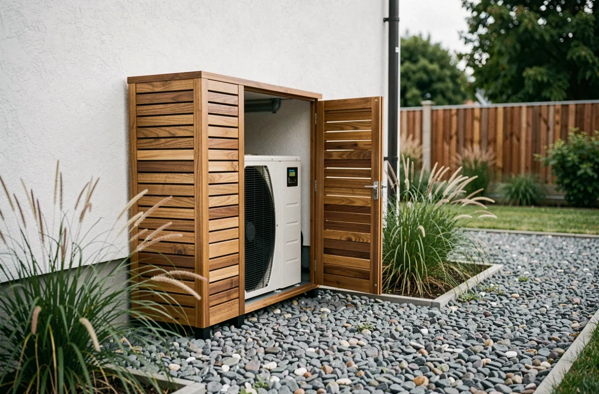 Coffre en bois composite pour pompe à chaleur installé dans un jardin résidentiel avec gravier gris