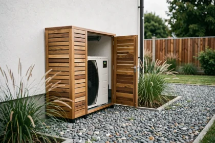 Coffre en bois composite pour pompe à chaleur installé dans un jardin résidentiel avec gravier gris