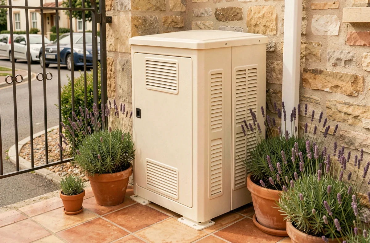 Coffre résine blanc installé en terrasse avec plantes de lavande autour d'une pompe à chaleur