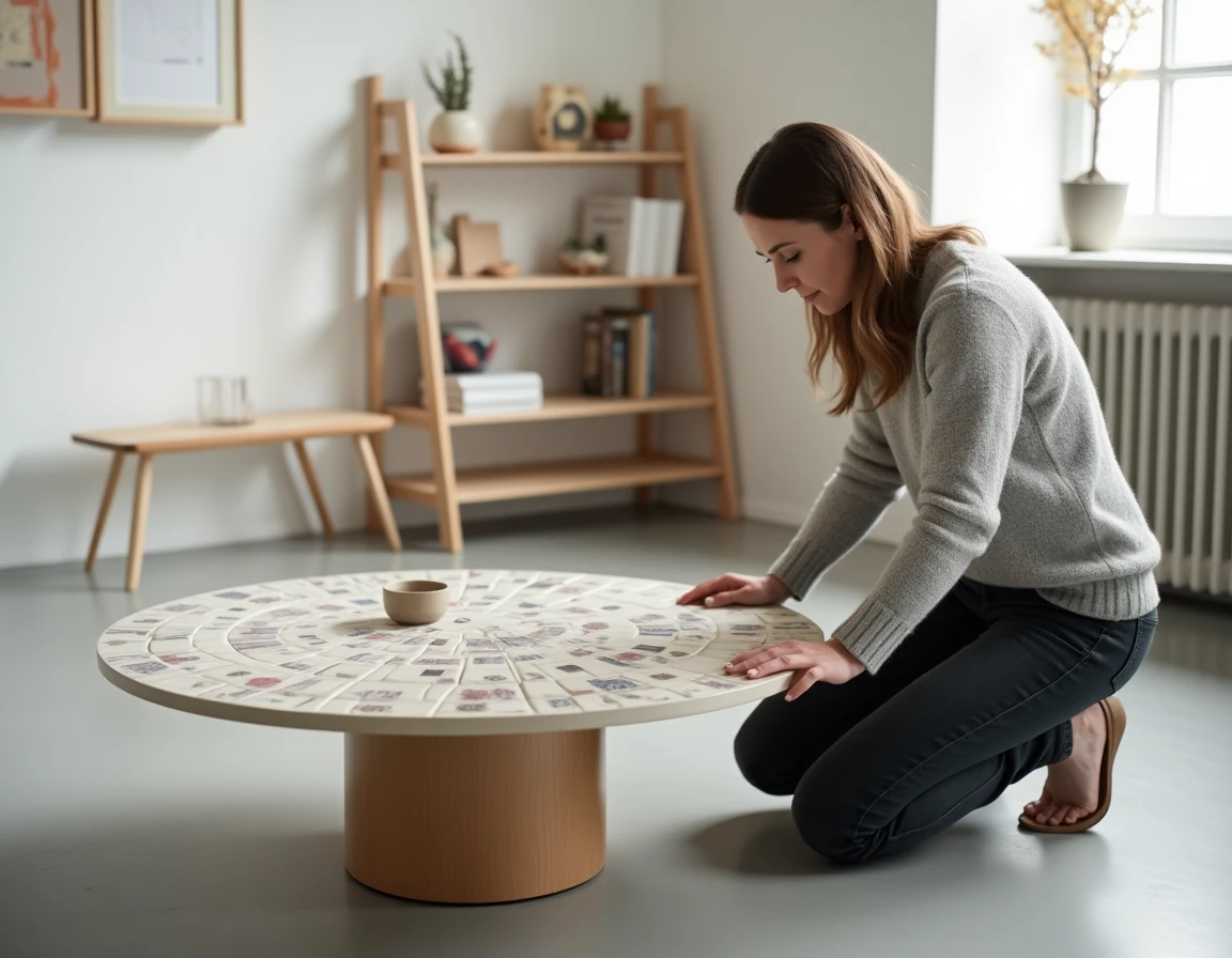 Femme examinant une table basse Capron en céramique dans un intérieur minimaliste contemporain