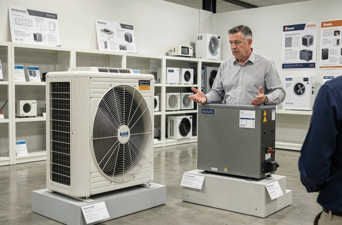 Comparaison entre un climatiseur portable et une pompe à chaleur dans un showroom HVAC