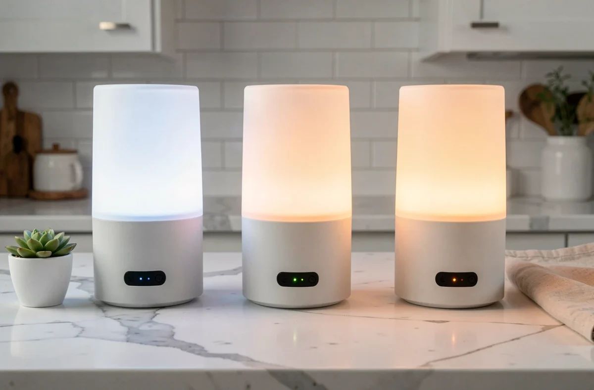 Trois lampes tactiles rechargeables réglées à différentes intensités lumineuses sur un comptoir en marbre