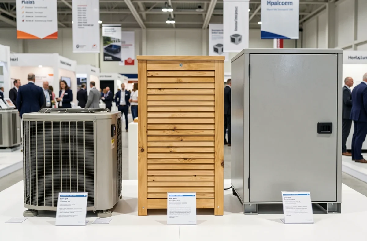Comparaison de trois modèles de coffres pour pompe à chaleur exposés dans un salon de l'habitat